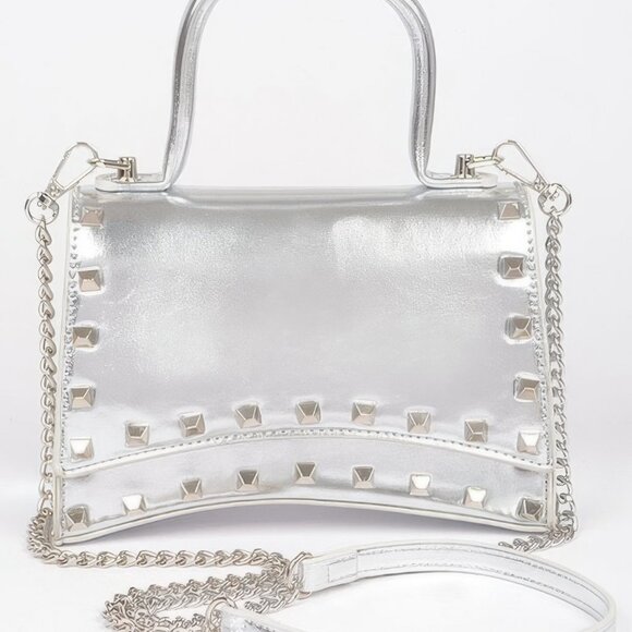 Metallic Faux Leather Studded Top Handle Clutch - Picture 3 of 3